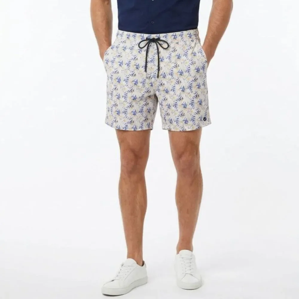 Johnnie-O Grenada Swim Trunk Shorts Men L Yellow Blue Hawaiian Preppy Vacation